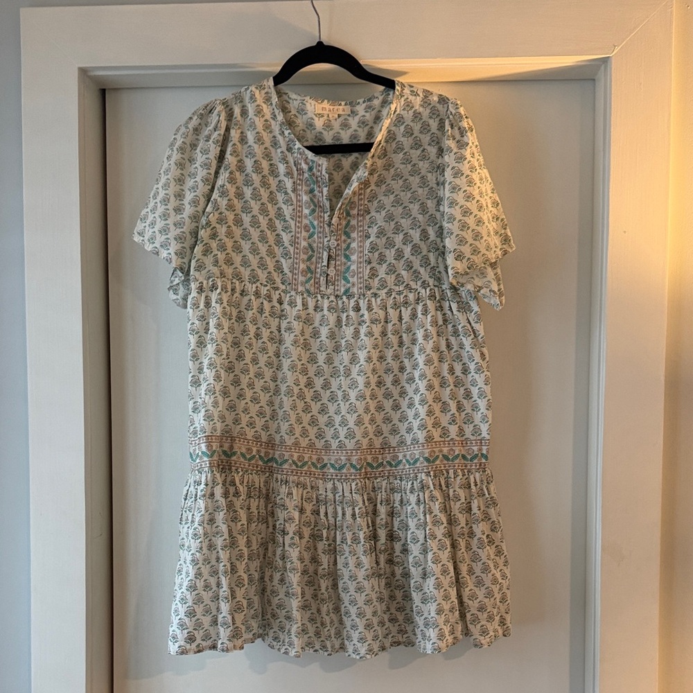 MAREA block print mini dress in Cream and Blue